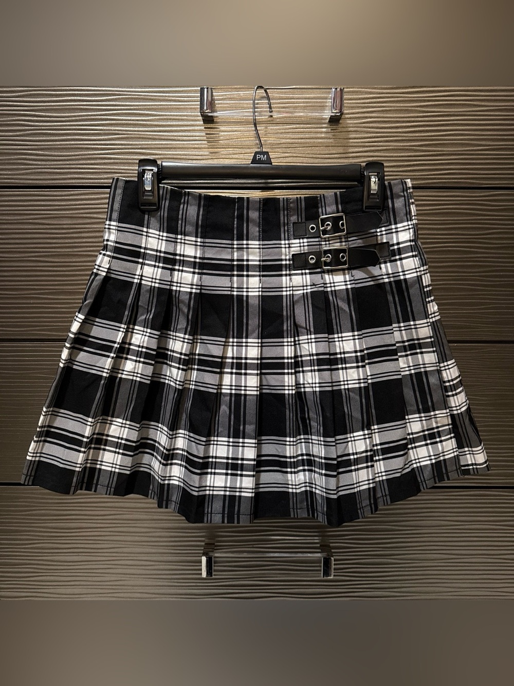 No Boundaries Black and White Plaid Pleated Skirt with Buckle Detail